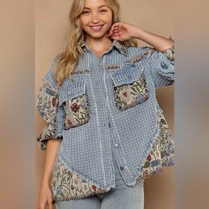 POL blue denim jacquard flower floral coat Shacket jacket